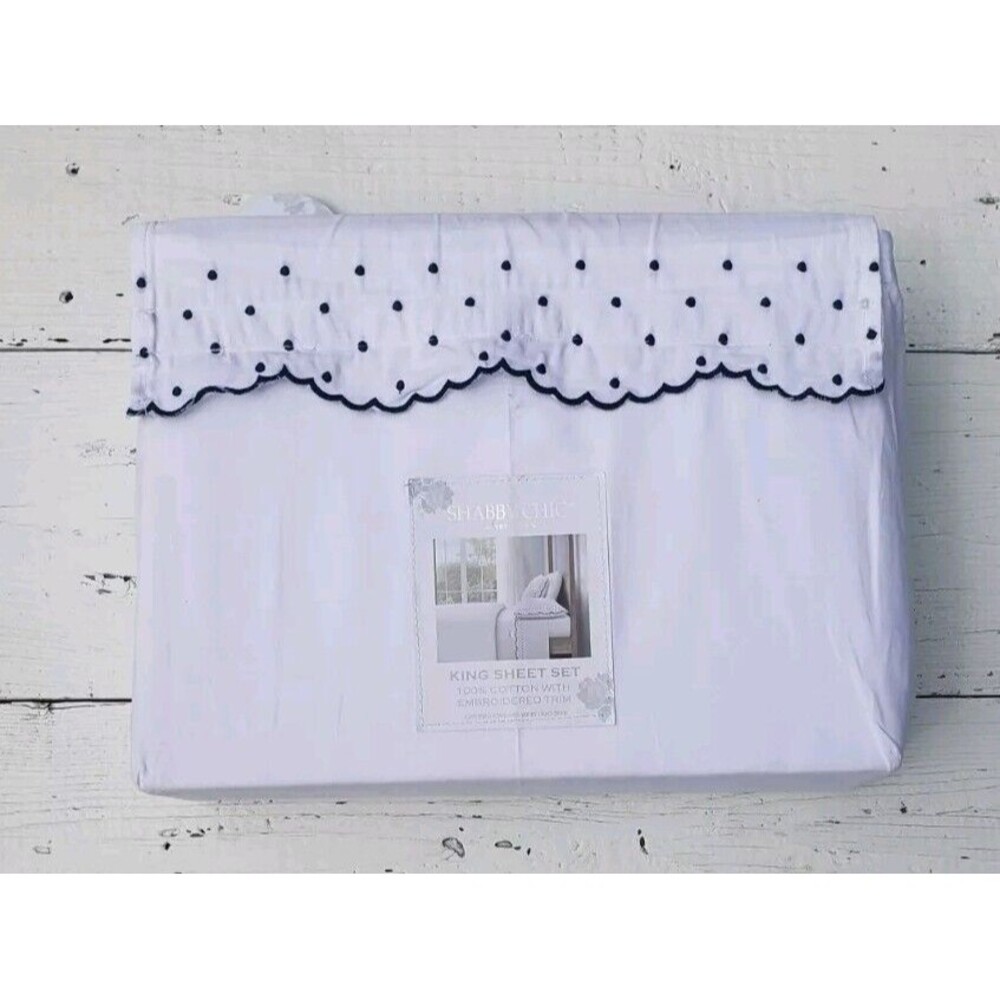 SHABBY CHIC 100% COTTON KING Sheet Set White Scalloped Embroidered Polka Dot NEW